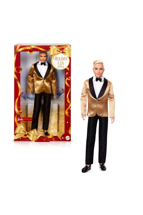 Signature 2025 Holiday Blonde Ken Collectible Fashion Doll wearing Full Suit with Golden Jacket