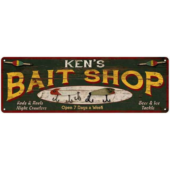KEN'S Bait Shop Sign Wood Look Man Cave Den Gift 6x18 Metal 206180024268