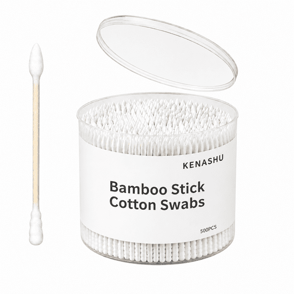 KENASHU Bamboo Cotton Swabs 500 Count, Eco-Friendly Double Tip Cotton Buds with Precision Pointed Tips for Makeup, Care & Cleaning