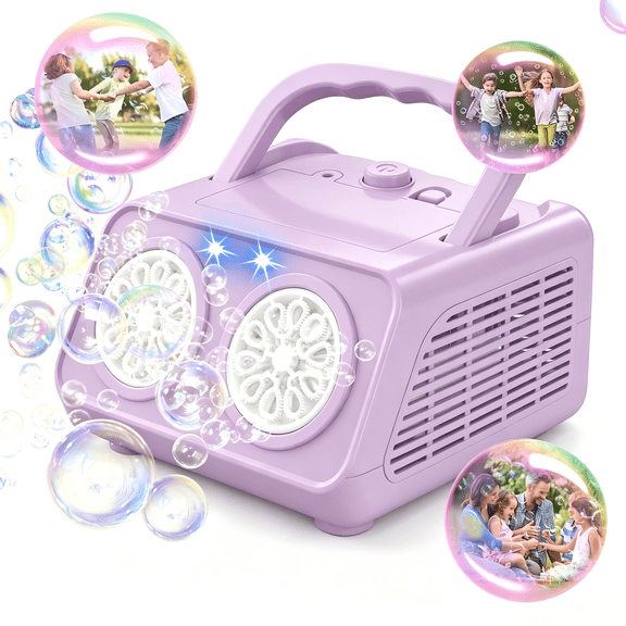 KENCOCO Bubble Machine for Kids, Automatic Bubble Blower with Dual Fans, 2-Speed Portable Bubble Maker, Plug-in or Battery Powered Outdoor Party Toy