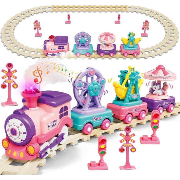 KENCOCO Electric Train Set for Girls Ages 3-8, Pink Steam Train Toy with Lights, Music and Magnetic Connection