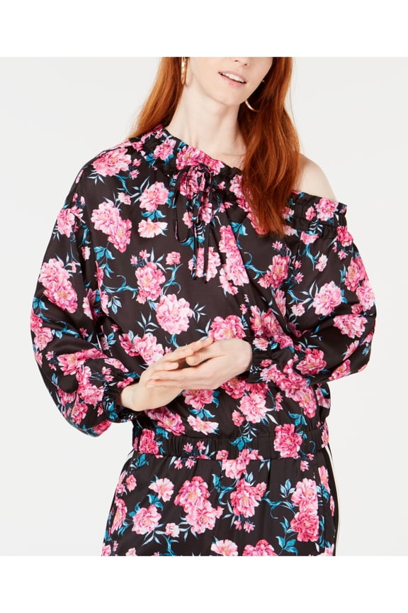 Womens Black Floral Long Sleeve Off Shoulder Top S