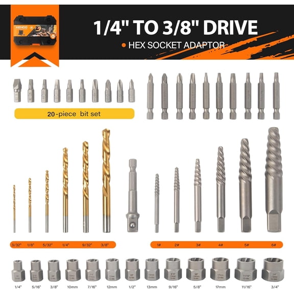 KENDO 46PC Bolt Extractor Kit - HSS Damaged Screw Extractor Set Remover for Stripped Screws Nuts & Bolts, Lug Nut Remover with Inch to Inch Hex Socket Adapter