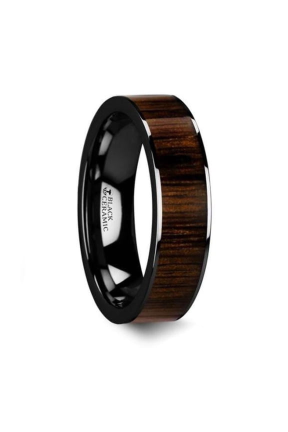 KENDO Black Ceramic Polished Finish Ring with Black Walnut Wood Inlay - 6mm - 10mm