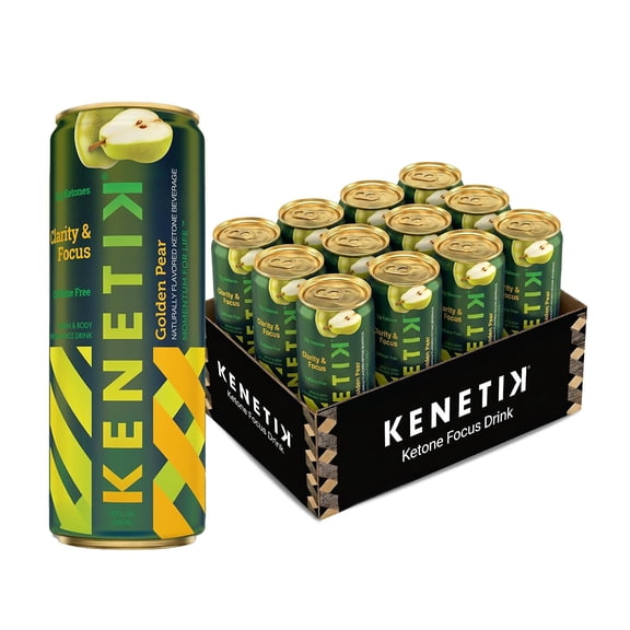 KENETIK Caffeine-Free Focus Drink Brain Fuel for Mental Clarity and Cognitive Endurance, Sugar-Free, Bioidentical Ketones (D-BHB), 12oz 12 Pack, Golden Pear