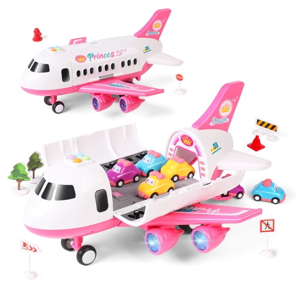 KENH Pink Airplane Toy with 6 Truck Cars, Plane with Lights and Sounds for 3 4 5 6 7 Years Old Toddlers Boys and Girls