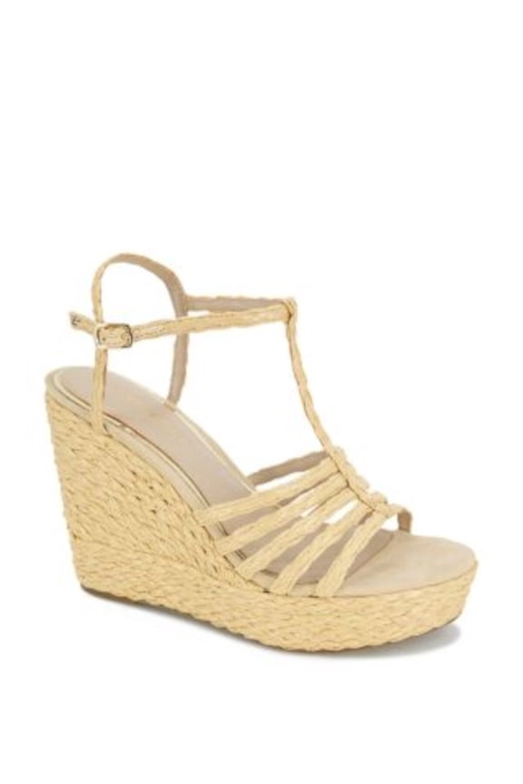 NEW YORK Womens Beige 1-1/2" Platform Braided Strappy Celia Round Toe Wedge Buckle Espadrille Shoes 7.5 M