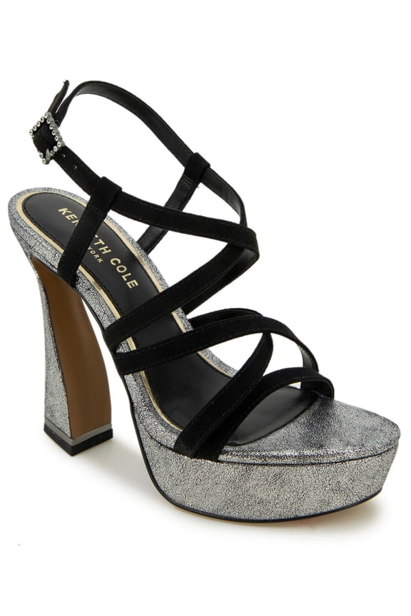 NEW YORK Womens Black Mixed Media 1-1/2" Platform Crisscross Straps Padded Allen Almond Toe Sculpted Heel Buckle Dress Heeled Sandal 6.5 M