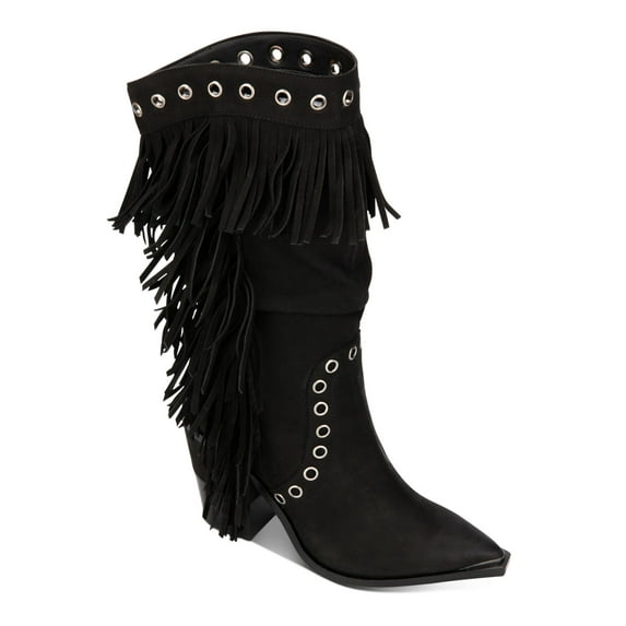 KENNETH COLE NEW YORK Womens Black Padded Slouching Fringed Studded West Side Pointed Toe Block Heel Leather Heeled Boots 11 M