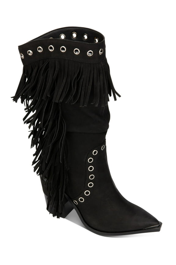 NEW YORK Womens Black Padded Slouching Fringed Studded West Side Pointed Toe Block Heel Leather Heeled Boots 6 M