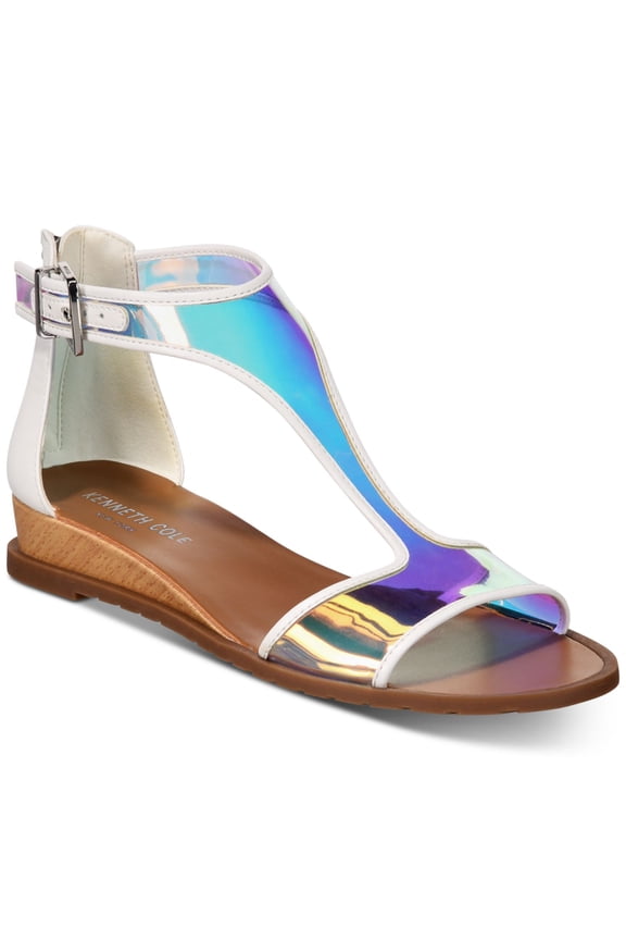 NEW YORK Womens White Iridescent Shimmer Adjustable Buckle Ankle Strap T-Strap Jenessa Round Toe Wedge Zip-Up Sandals 10 M
