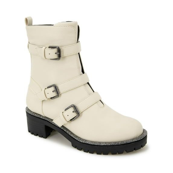 KENNETH COLE Womens Beige Buckle Accent Embellished Tate Round Toe Block Heel Zip-Up Moto 5