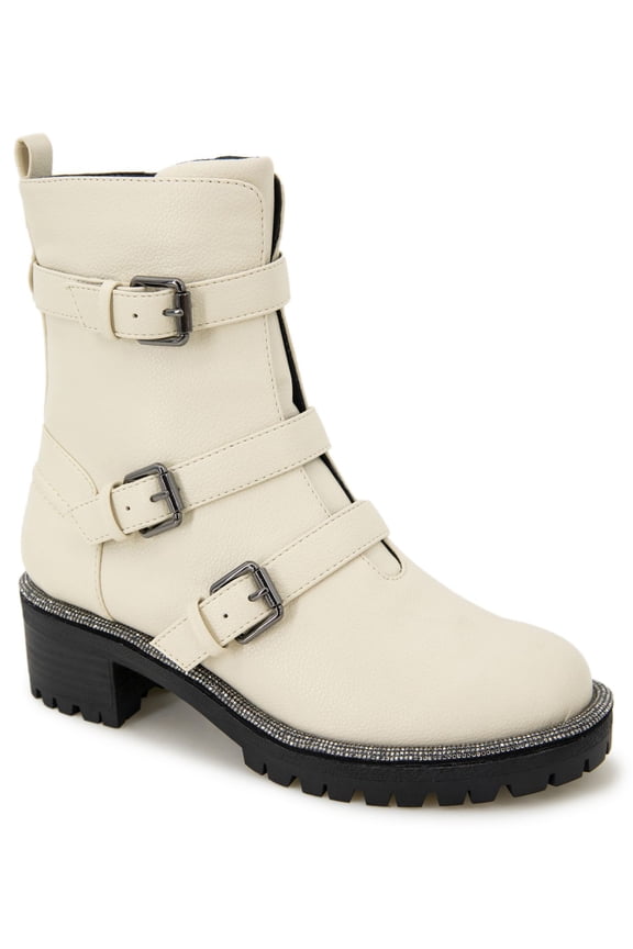 Womens Beige Buckle Accent Embellished Tate Round Toe Block Heel Zip-Up Moto 9