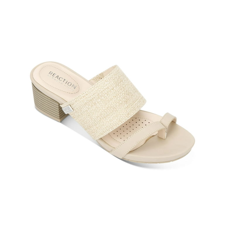 KENNETH COLE Womens Beige Woven Toe Loop Cushioned Logo Late Mule Round Toe Block Heel Slip On Thong Sandals Shoes 7 M