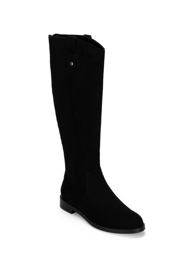 Womens Black Pull Tabs Back Stretch Panel Gold Toned Hardware Comfort Wind Stretch Boot Round Toe Block Heel Zip-Up Dress Boots Shoes 8 M