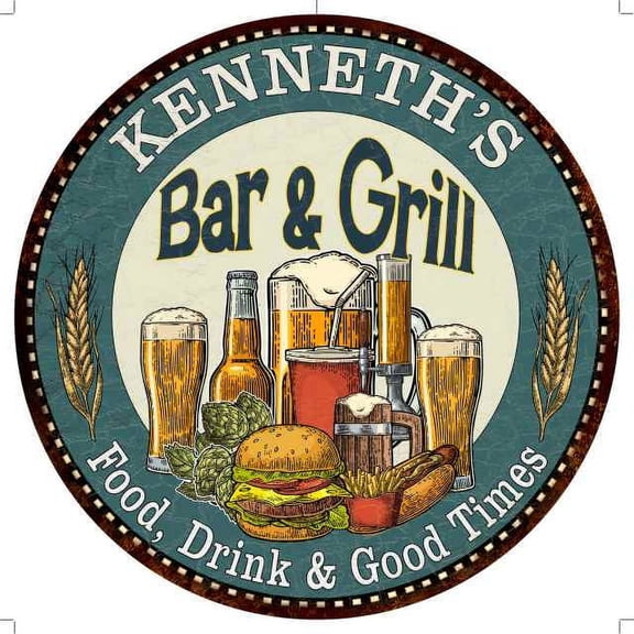 KENNETH'S Bar and Grill 14" Round Metal Sign Kitchen Wall Decor 100140023414