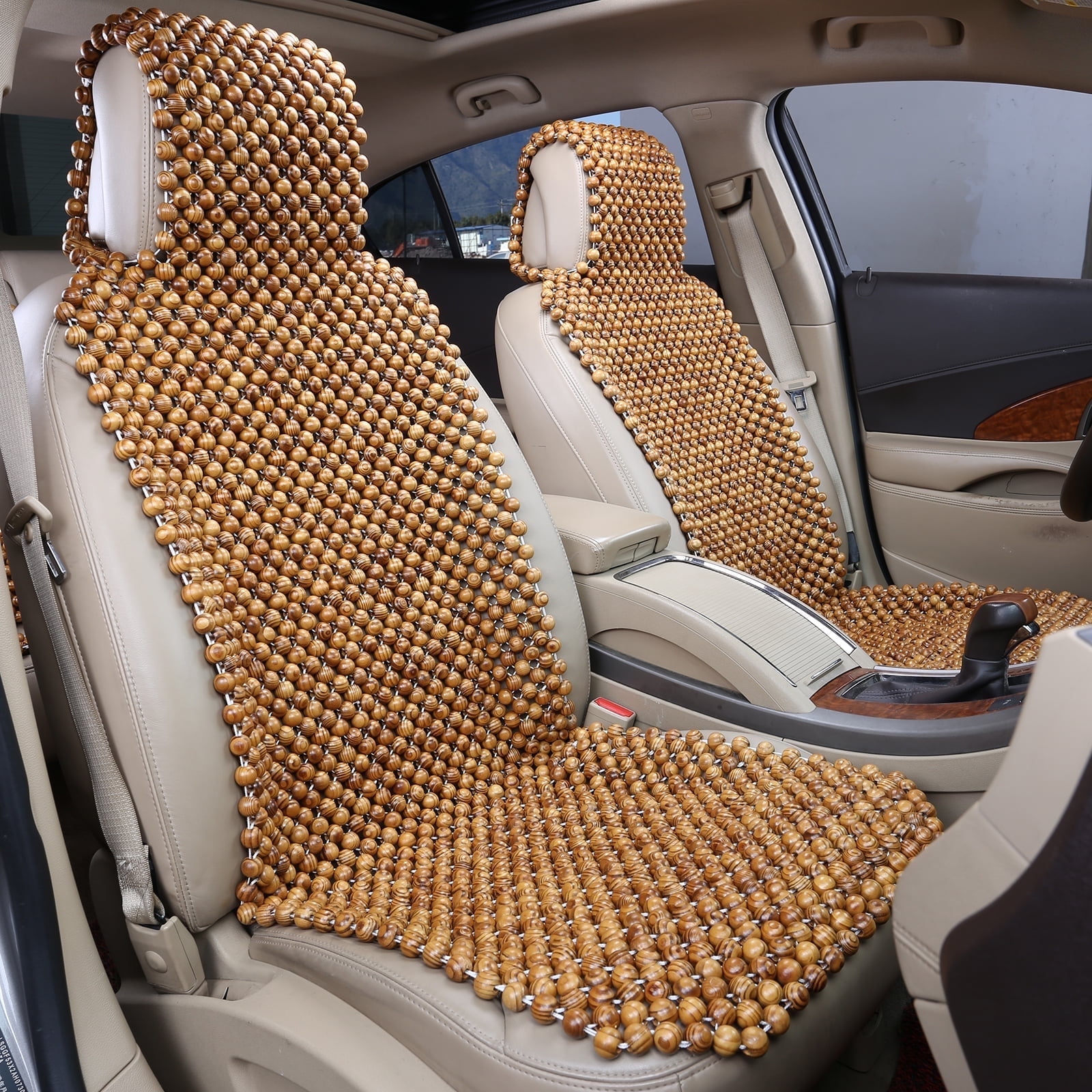 KENNISI Wooden Beaded Car Seat Covers with Headrest, 18mm Large