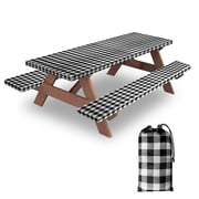 KENOBE 6FT Picnic Table Cover with Bench Covers Set, 72" 3-Piece Waterproof Polyester Fitted Tablecloth with Drawstring, Black Checkered