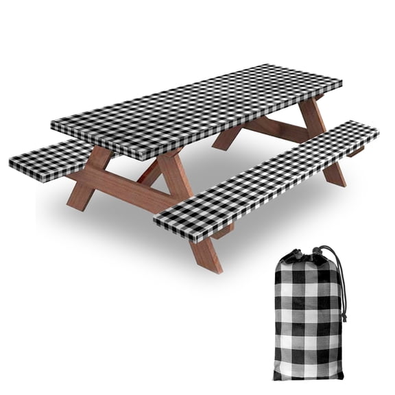 KENOBE 6FT Picnic Table Cover with Bench Covers Set, 72" 3-Piece Waterproof Polyester Fitted Tablecloth with Drawstring, Black Checkered