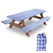 KENOBE 6FT Picnic Table Cover with Bench Covers Set, 72" 3-Piece Waterproof Polyester Fitted Tablecloth with Drawstring, Blue Checkerd