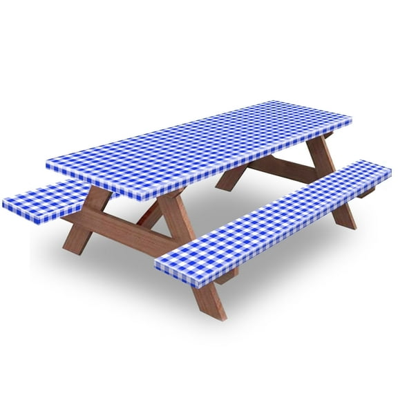 KENOBE 6ft Picnic Table and Bench Fitted Cover, 72"x30" Flannel Backing Elastic Edge Waterproof Wipeable Vinyl Cover Tablecloth, Blue