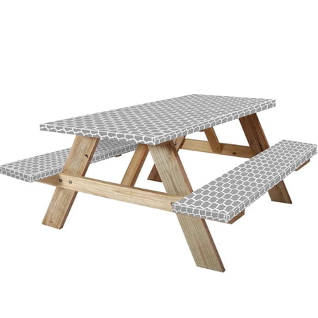 KENOBE 6ft Picnic Table and Bench Fitted Cover, 72"x30" Flannel Backing Elastic Edge Waterproof Wipeable Vinyl Cover Tablecloth, Gray