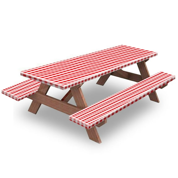 KENOBE 6ft Picnic Table and Bench Fitted Cover, 72"x30" Flannel Backing Elastic Edge Waterproof Wipeable Vinyl Cover Tablecloth, Red