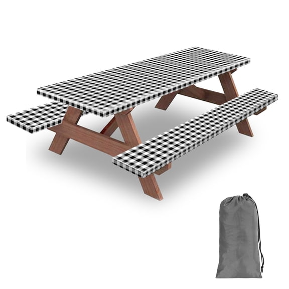 KENOBE 8FT Picnic Table Cover with Bench Covers Set, 96" 3-Piece Waterproof Polyester Fitted Tablecloth with Drawstring, Black Checkered