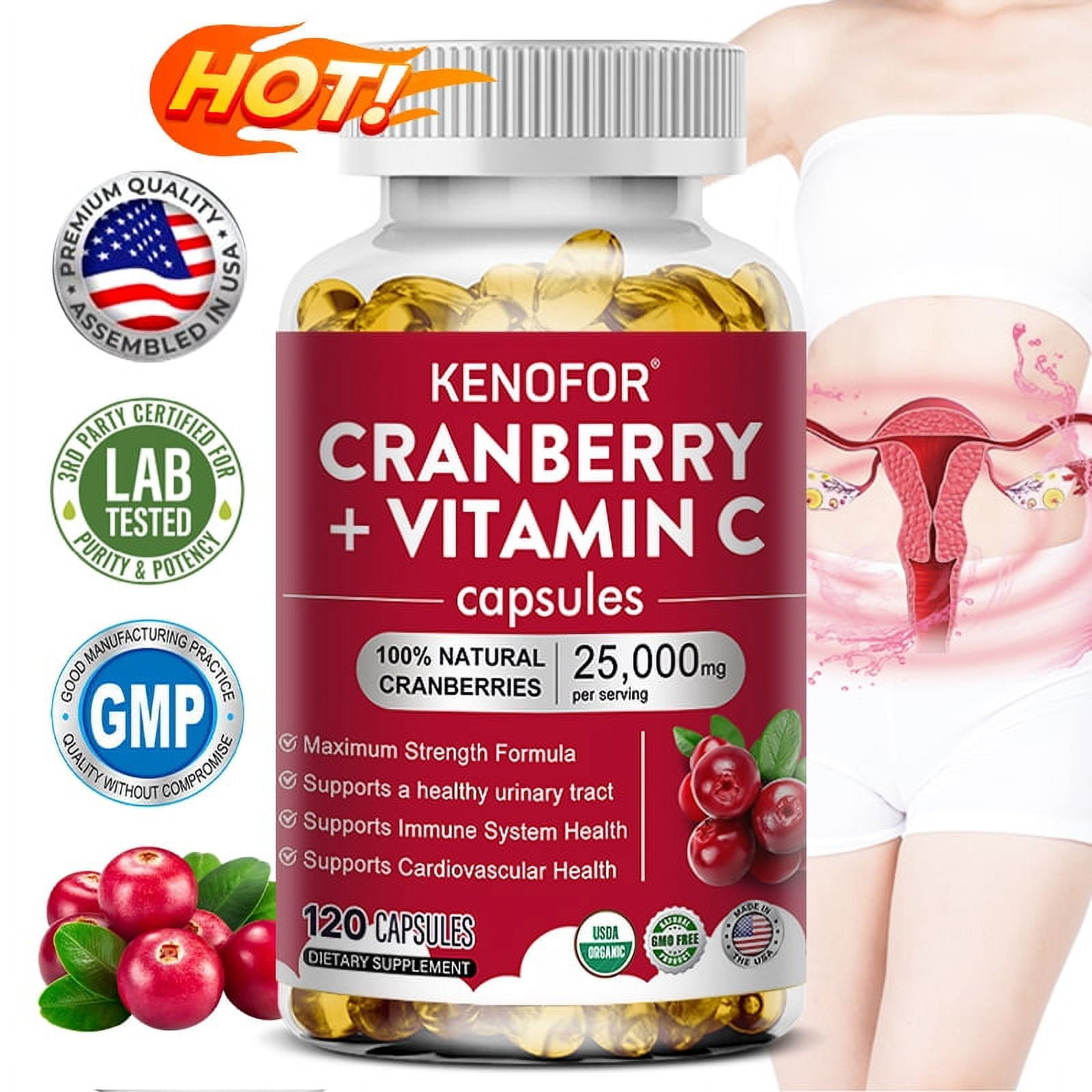 KENOFOR Concentrated Cranberry Extract + Vitamin C 25,000 mg Triple
