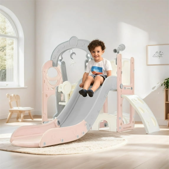 KENROYHOME Slide & Swing Set 5 in 1, Kids Climber Slide Playset with Telescope Pink