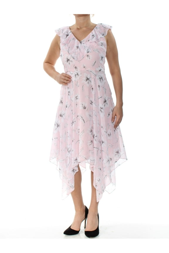 $108 Womens Pink Floral Print Ruffle Handkerchief Hem Dress 14 B+B