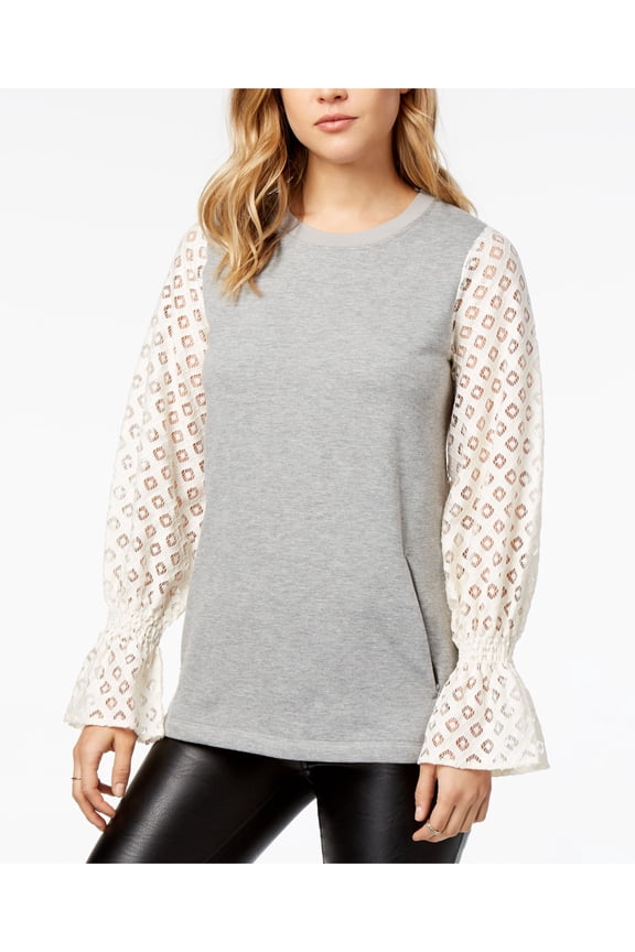 $69 Womens New 1103 Gray Lace Ruched Kimono Sleeve Sweater XS B+B