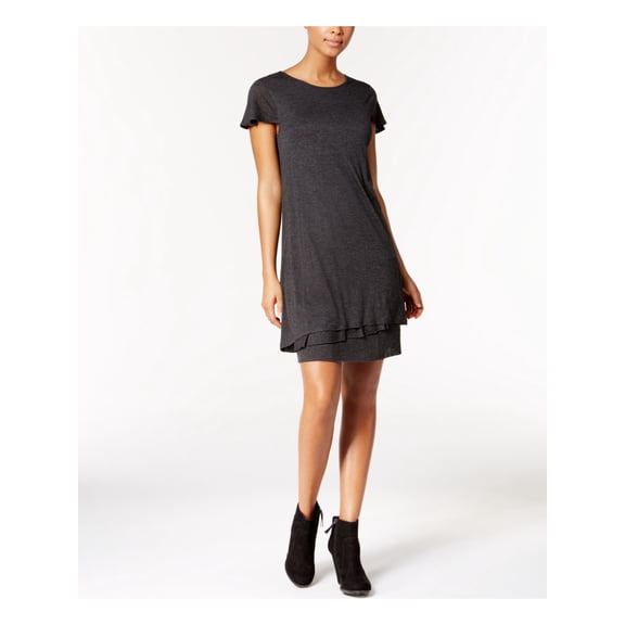 KENSIE $69 Womens New 1195 Gray Jewel Neck Short Sleeve Layered Dress M B+B