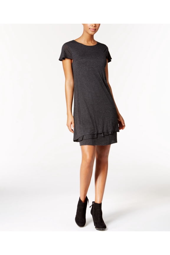 $69 Womens New 1195 Gray Jewel Neck Short Sleeve Layered Dress M B+B