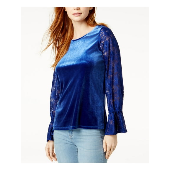KENSIE $69 Womens New 1252 Blue Lace Jewel Neck Long Sleeve Casual Top L B+B