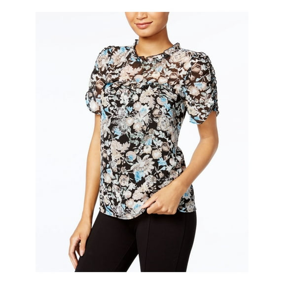 KENSIE $69 Womens New 1495 Black Floral Crew Neck Short Sleeve Casual Top XS B B