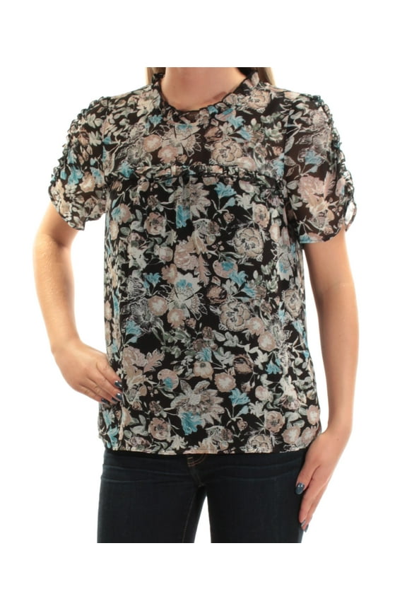 $69 Womens New 1713 Black Floral Short Sleeve Crew Neck Casual Top XL B+B