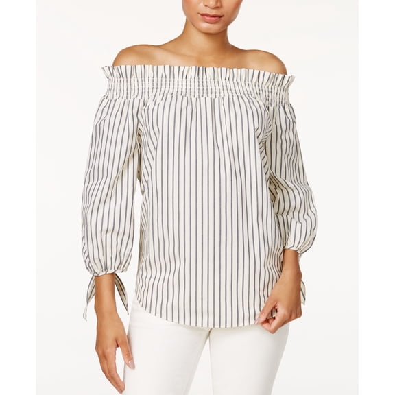 Kensie Cotton Poplin Printed Off The Shoulder Top Off-White Tusk Comb S