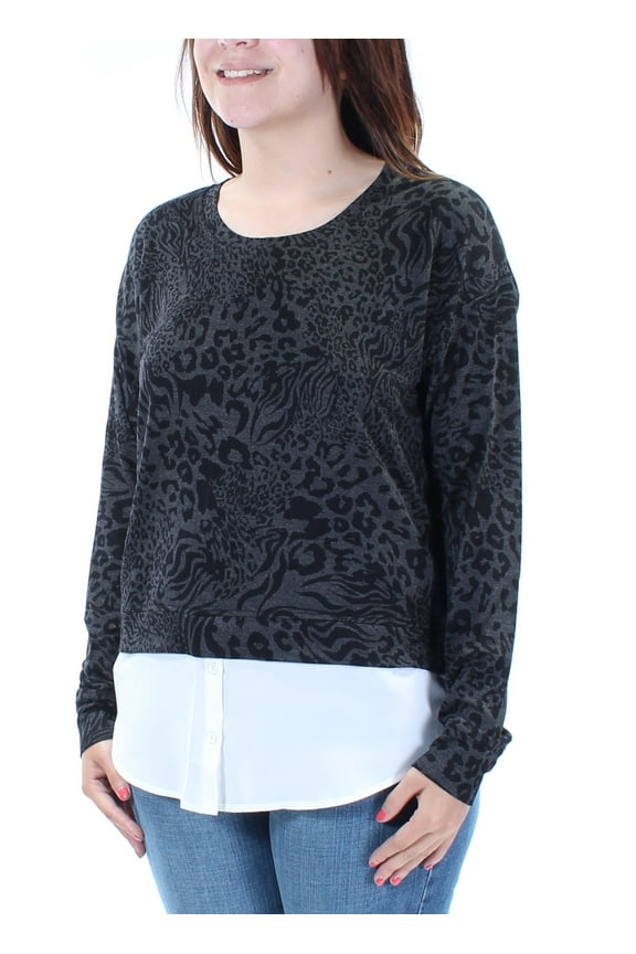$79 Womens New 1876 Black Gray Animal Print Blouse Sweater S B+B