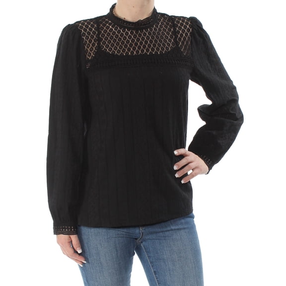 KENSIE Womens Black Eyelet Long Sleeve Crew Neck Top Petites  Size: S