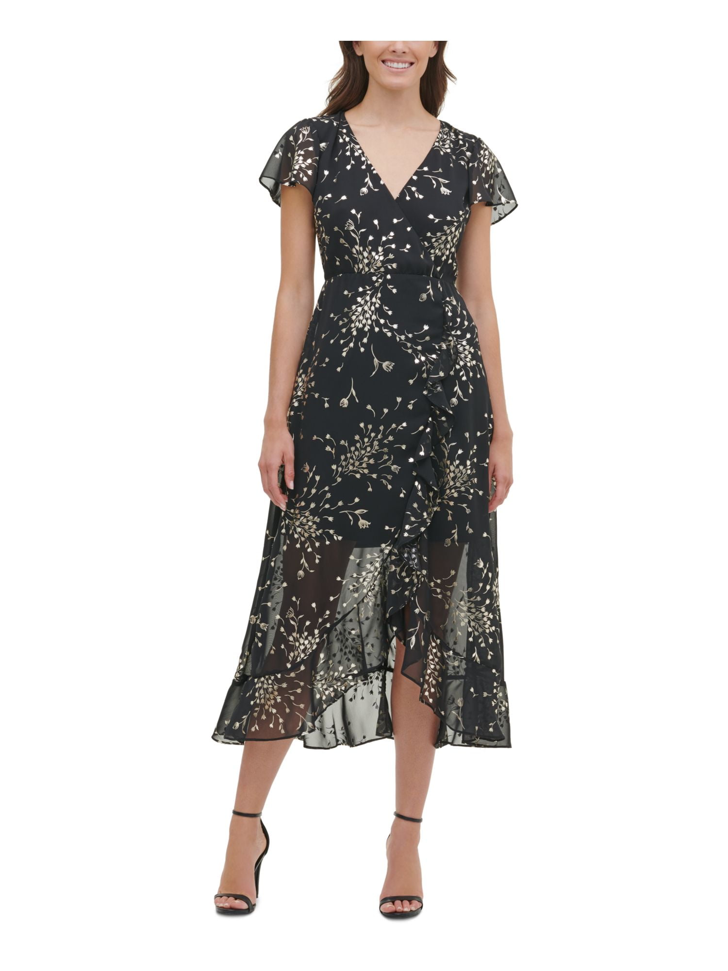 KENSIE DRESSES Womens Black Floral Short Sleeve V Neck Maxi Hi-Lo Dress 6 -  Walmart.com