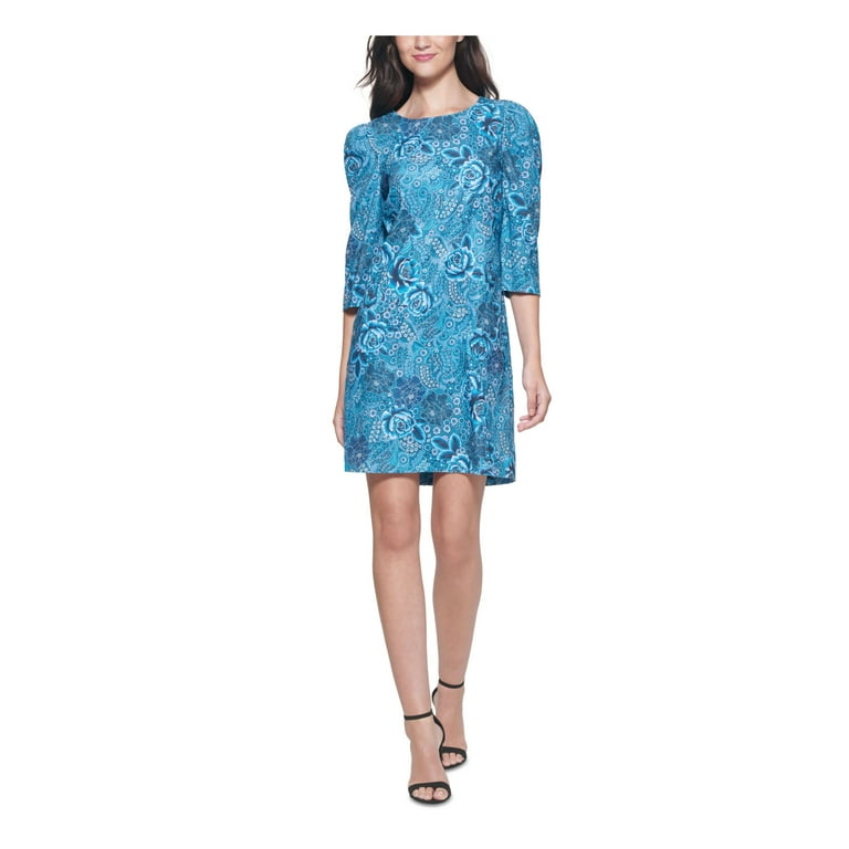 KENSIE DRESSES Womens Blue Pleated Darted Soft Corduroy Floral
