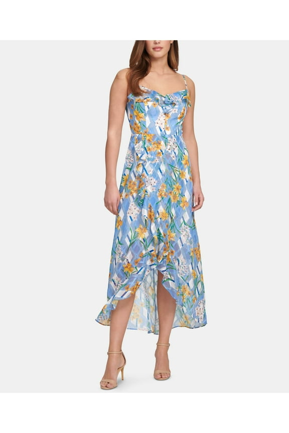 DRESSES Womens Blue Ruffled Printed Spaghetti Strap V Neck Tea-Length Hi-Lo Dress 8