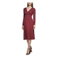 thumbnail image 1 of KENSIE DRESSES Womens Maroon Knit Ribbed Lined Pullover Long Sleeve Surplice Neckline Midi Wear To Work Dress S, 1 of 4