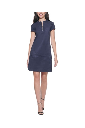 chinese dress ladies Sail to Sable Navy Metallic Tweed Short Sleeve Shift Dress Navy / L / H2522