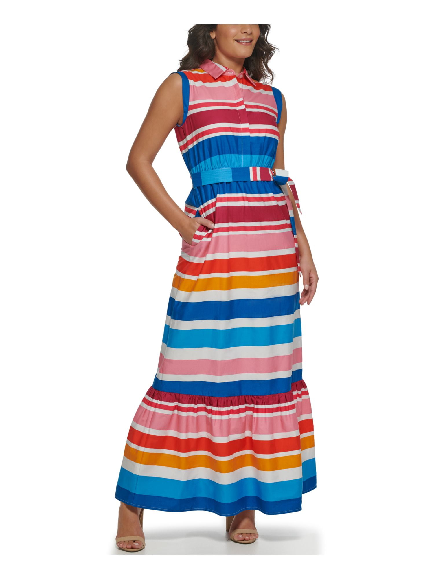 KENSIE DRESSES Womens Pink Pocketed Tie Pullover Button Front Unlined  Striped Sleeveless Point Collar Maxi Fit + Flare Dress 6 - Walmart.com
