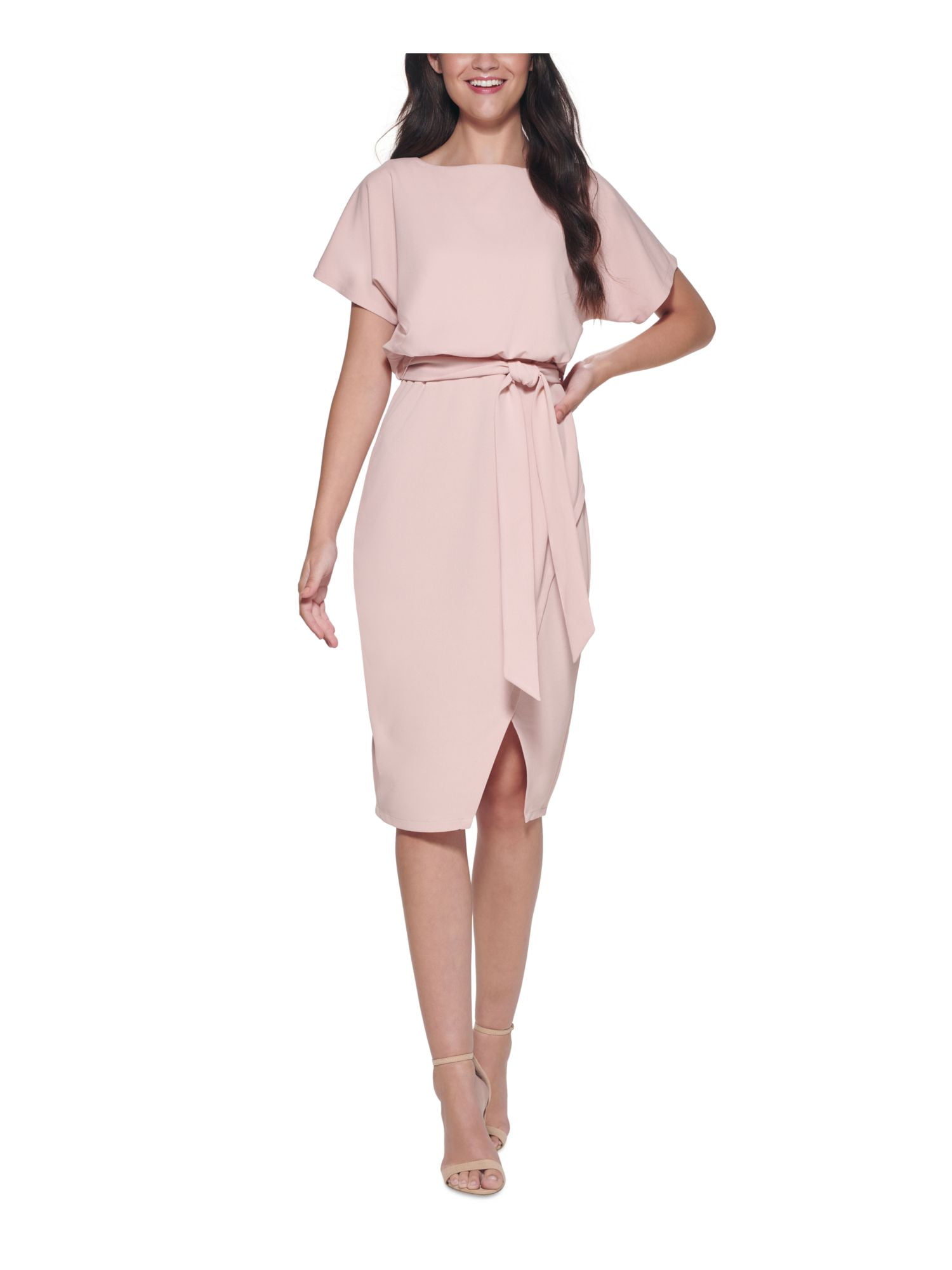 KENSIE DRESSES Womens Pink Stretch Belted Zippered Wrap Style Dolman Sleeve  Boat Neck Knee Length Wear To Work Blouson Dress 14