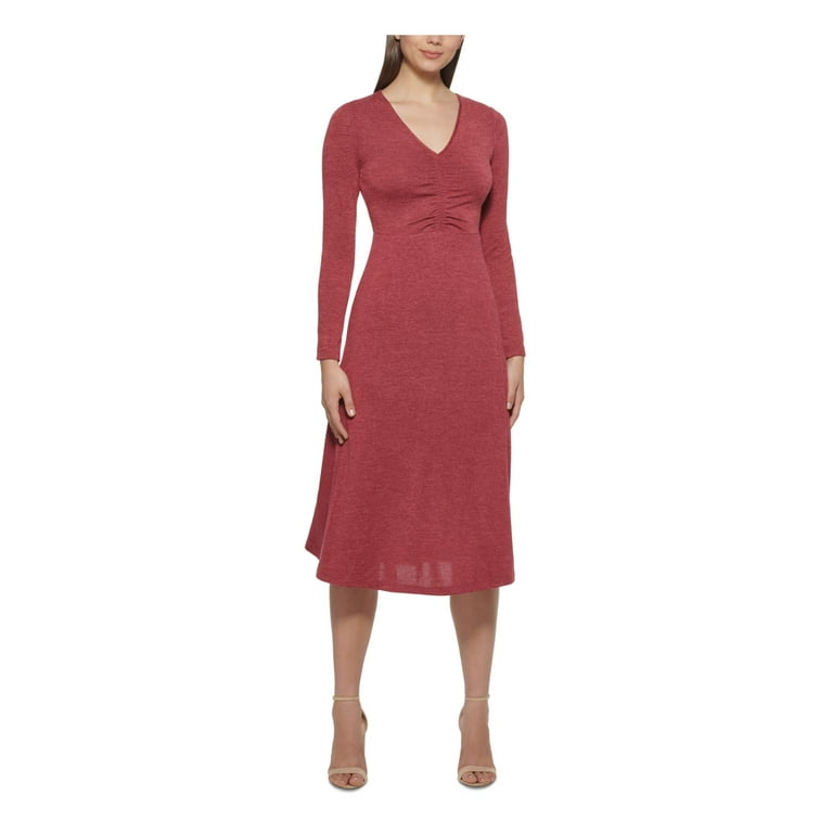 KENSIE DRESSES Womens Red Long Sleeve V Neck Midi Wear To Work Fit Flare Dress S
