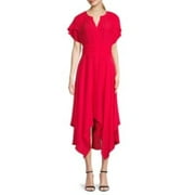 KENSIE DRESSES Womens Red Ruched Gathered Shark Bite Hemline Flutter Sleeve Split Midi Wear To Work Hi-Lo Dress 4