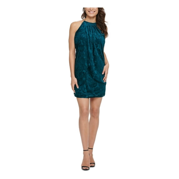 KENSIE DRESSES Womens Teal Printed Sleeveless Halter Mini Cocktail Sheath Dress 8